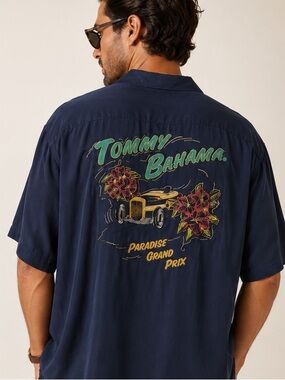 Tommy Bahama 100% Silk Paradise Grand Prix Camp Shirt Blue XL